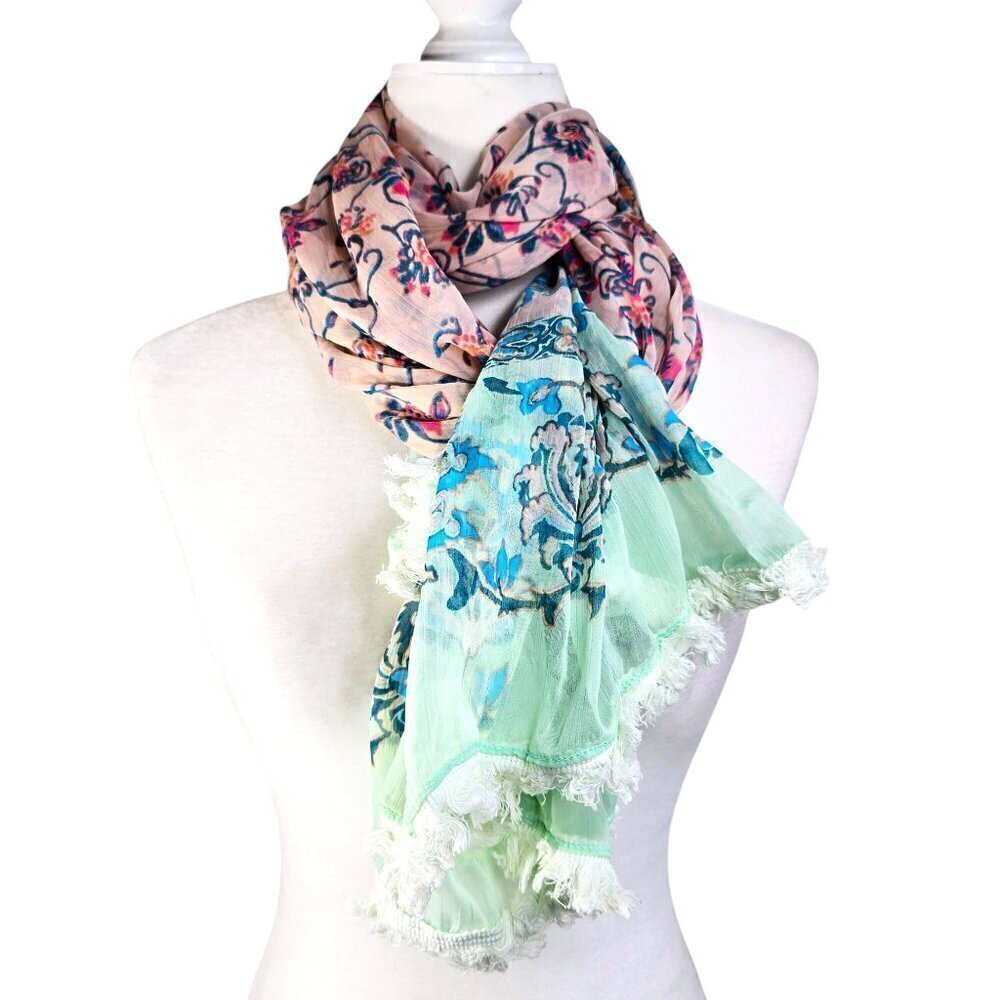 BCBGeneration Blue Pink Floral Tassel Long Wrap Scarf
